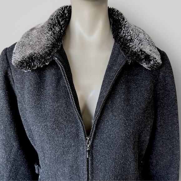 Collection By Gallery Wool Blend Zip Up Peacoat Faux Fur Collar Size L Dark Gray - Picture 6 of 16